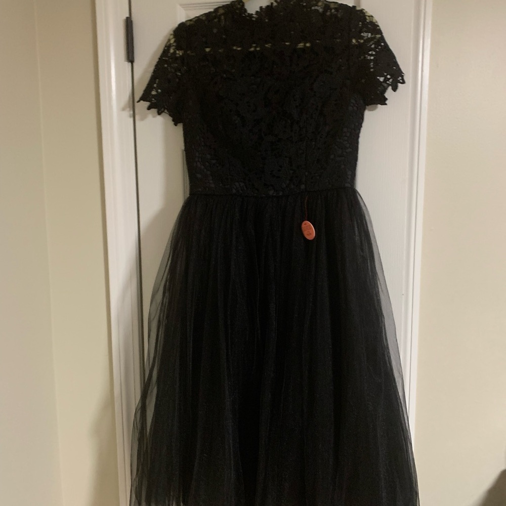 Chi Chi London Black Lace Tulle Tea-Length Dress - Picture 2 of 15